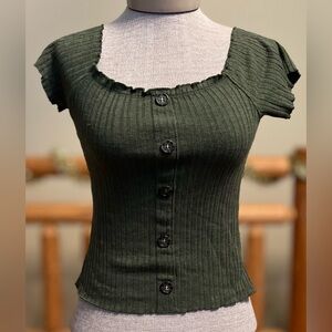 No Boundaries Olive Ribbed Button-Front Top – Size S (3–5)